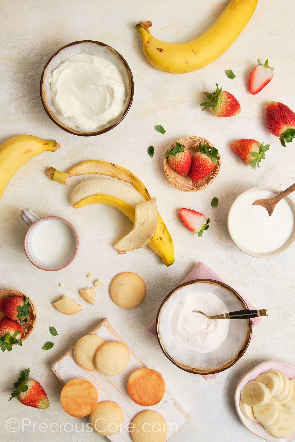 Ingredients for strawberry banana pudding.