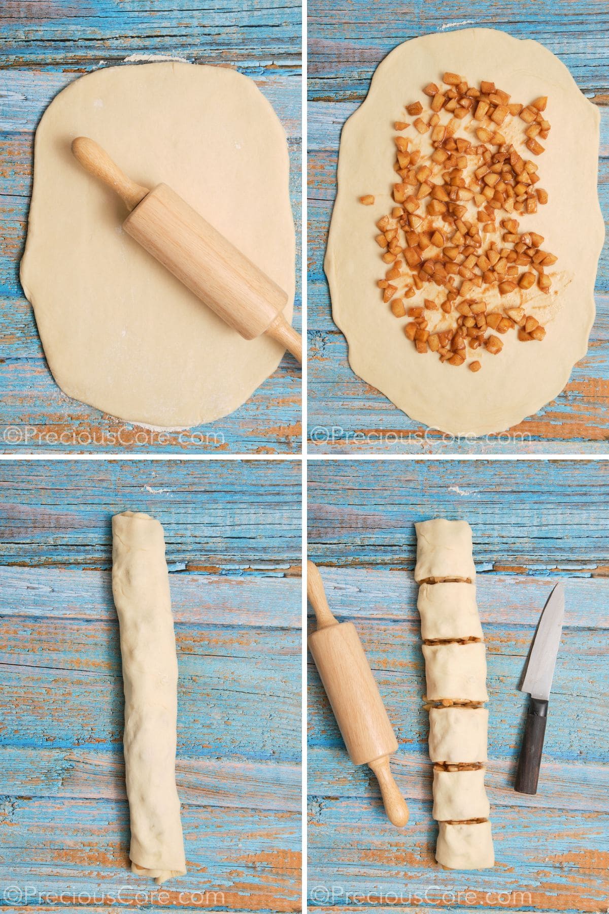 Step by step pictures of rolling dough, filling it and cutting into cinnamon rolls.