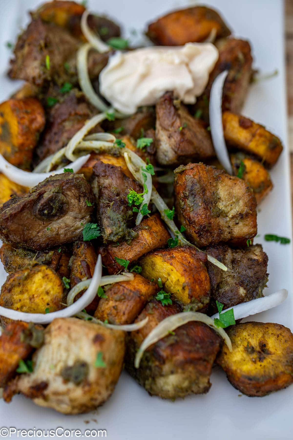 Close-up of finished meat and plantain dish.