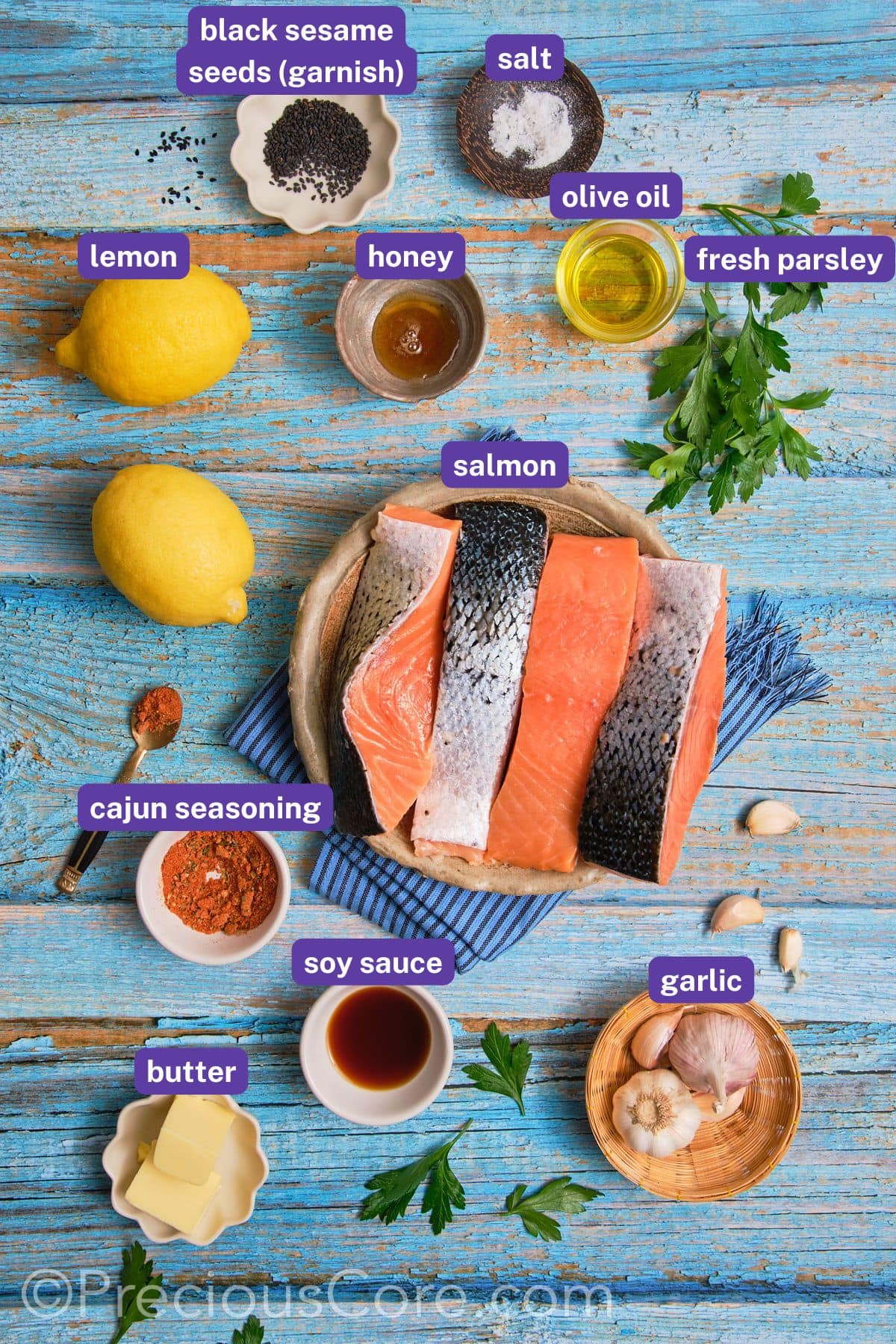 Cajun honey butter salmon ingredients with labels.