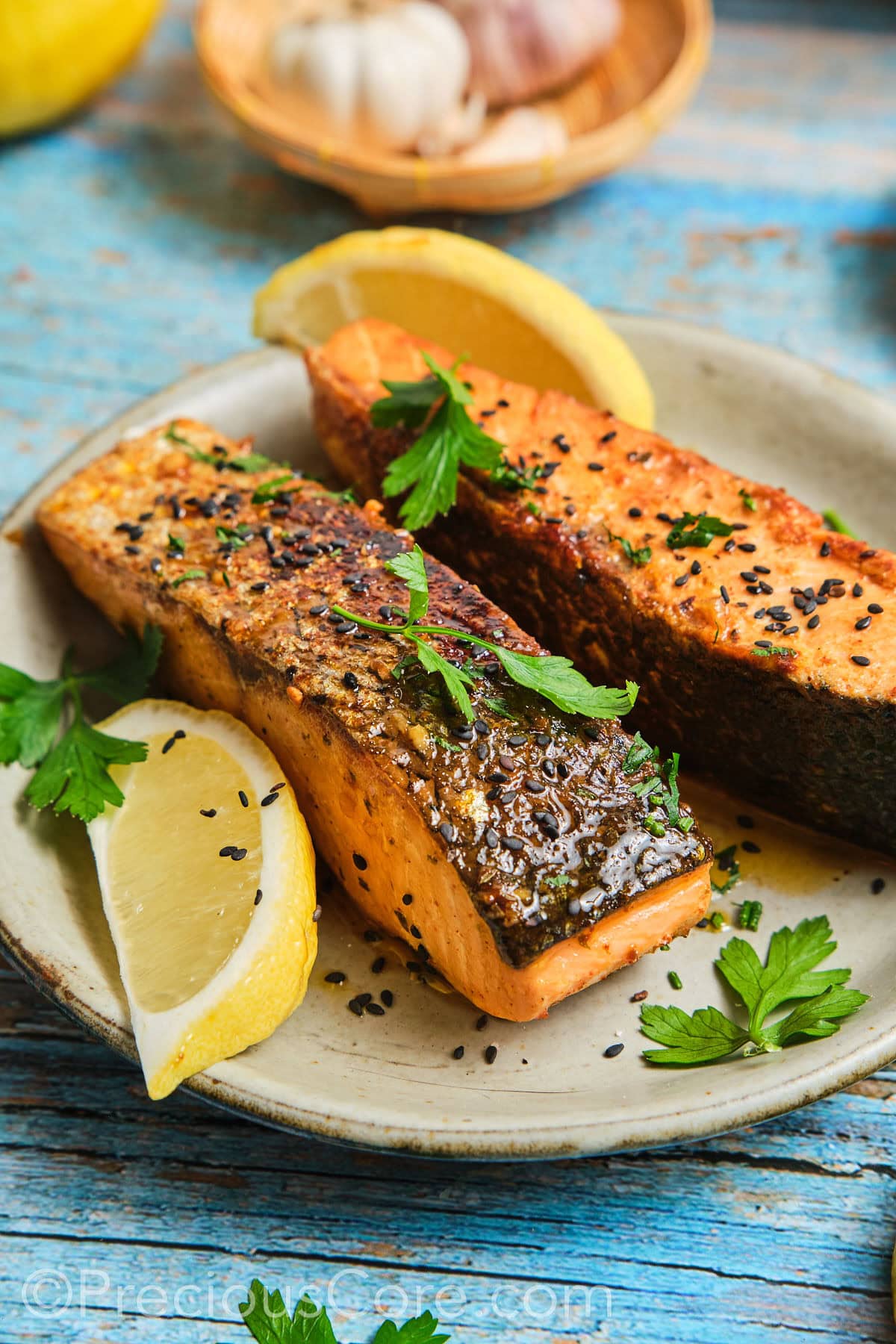 Cajun Honey Butter Salmon on a plate.