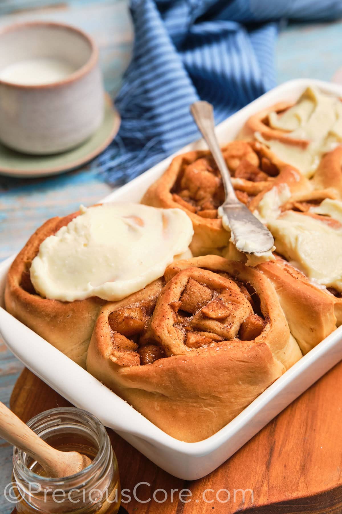 Close shot showing filling of cinnamon roll.