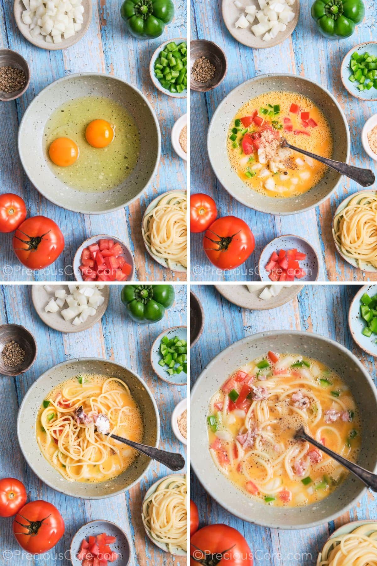 Step-by-step shots showing the assembling of spaghetti omelette mixture.