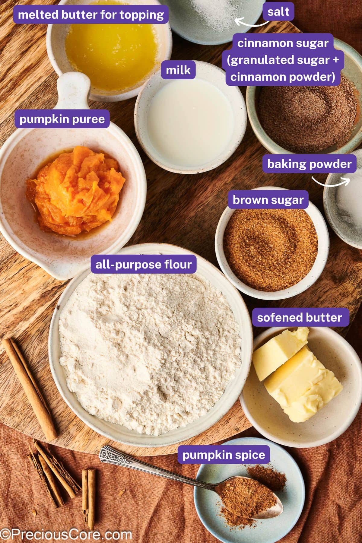 Ingredients for pumpkin spice doughnuts with labels on them.