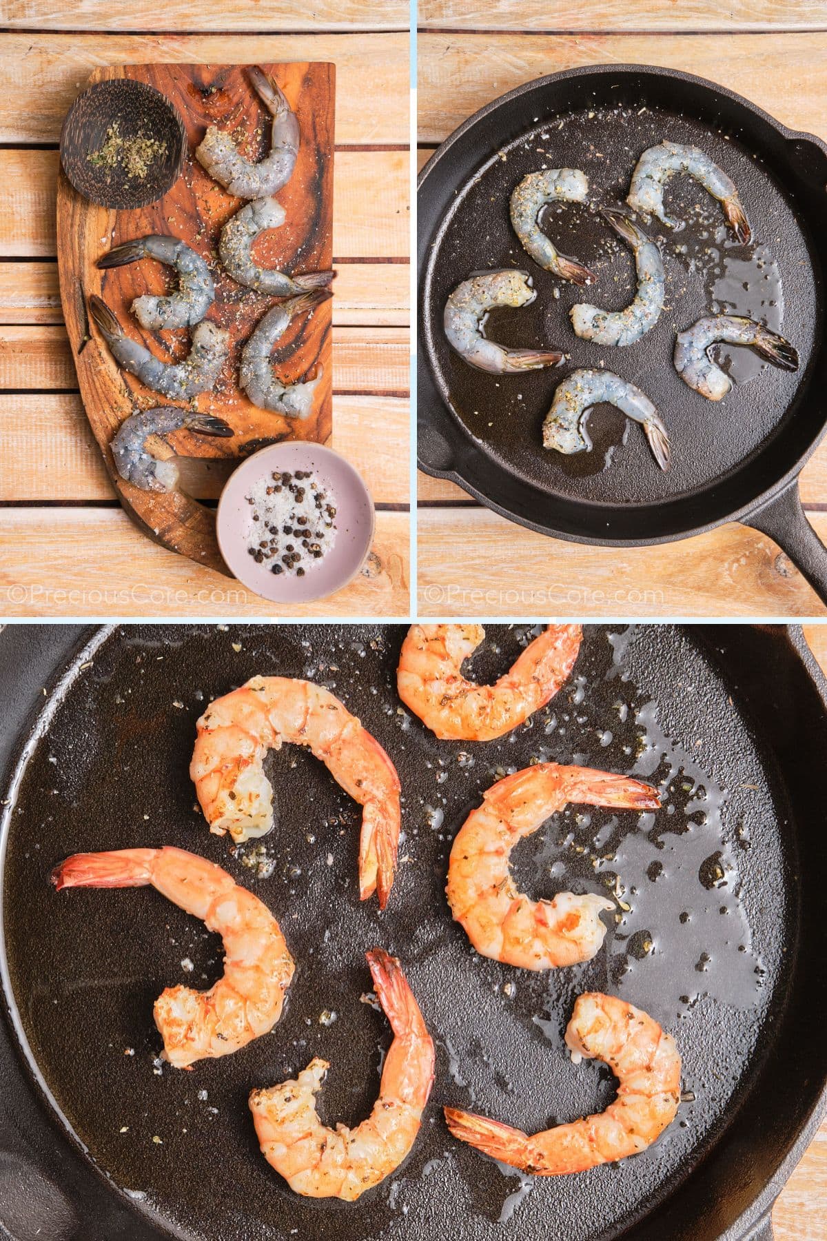 Collage showing seasoning and cooking shrimp.