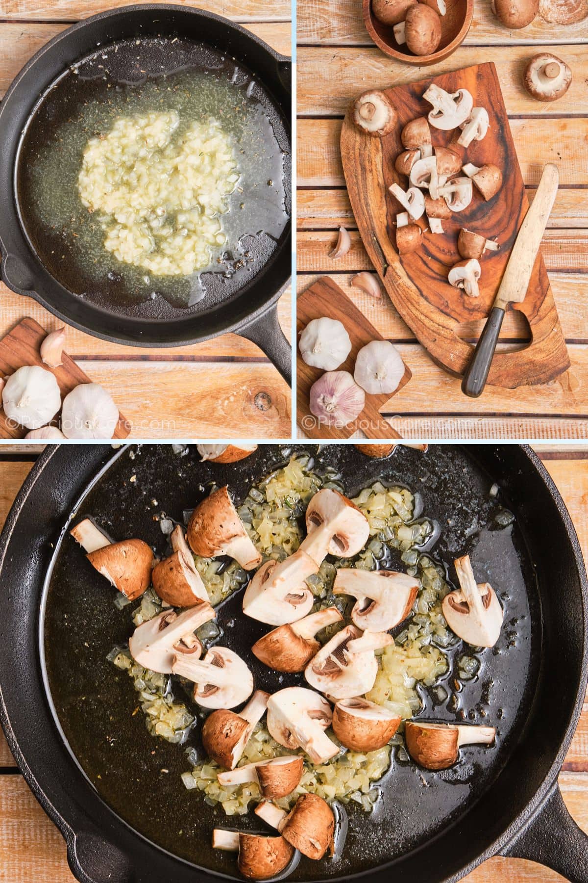 Sautéing onion, garlic, and mushrooms.