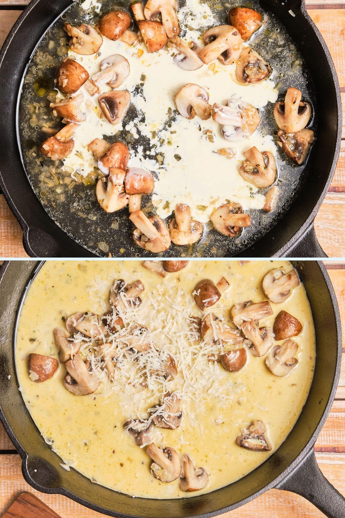 Making creamy mushroom sauce for pasta.