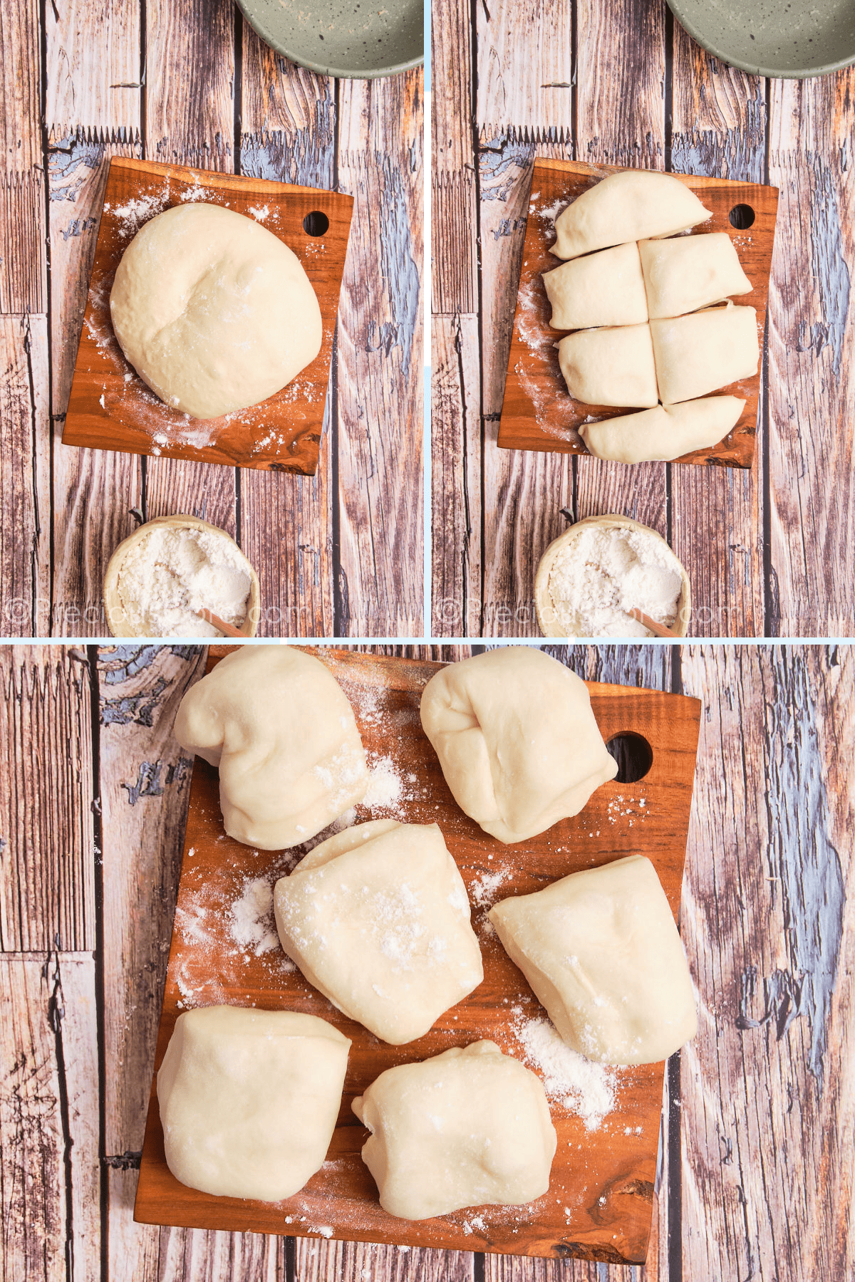 Cutting challah dough into equal portions.