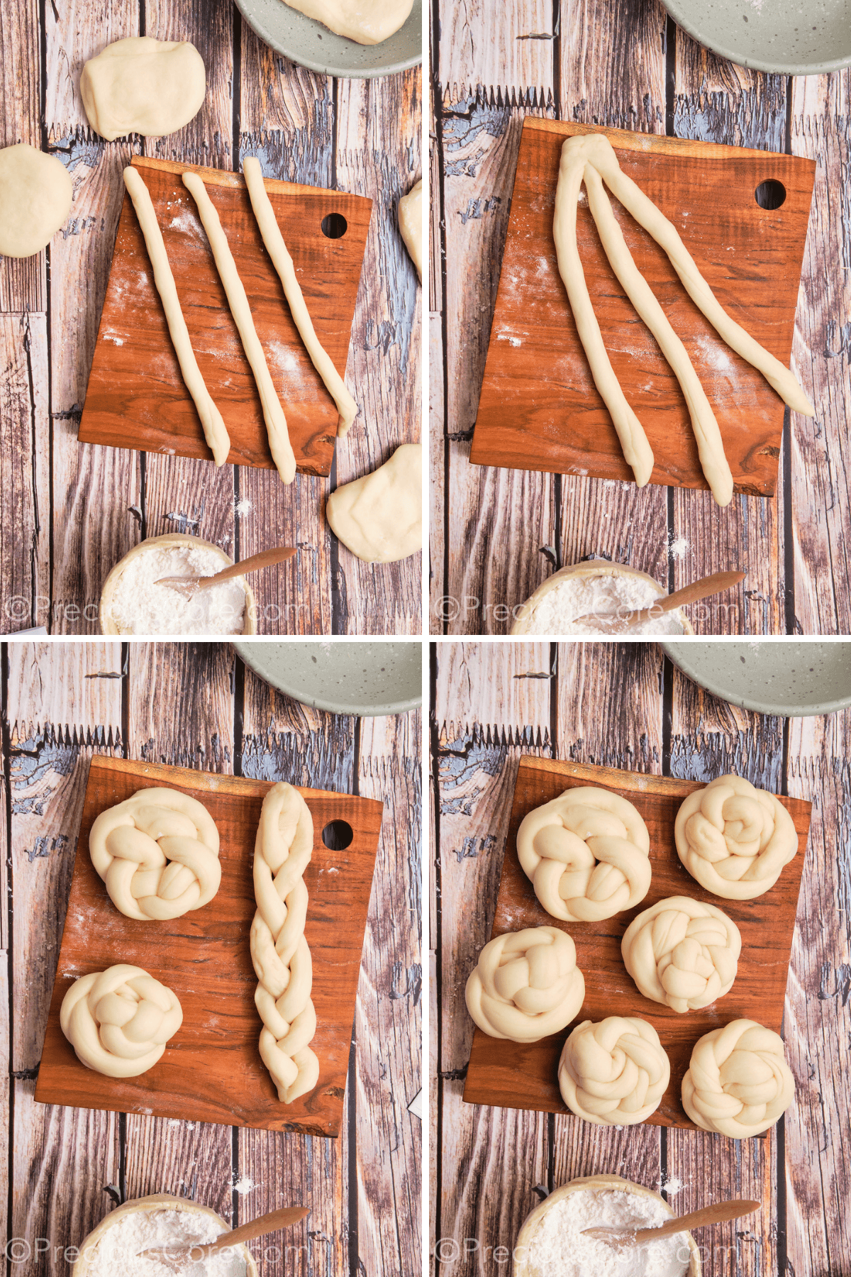 Shaping dough into braided knots.