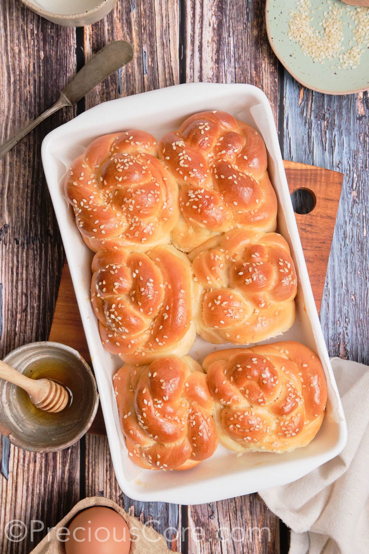 Baked challah twists.