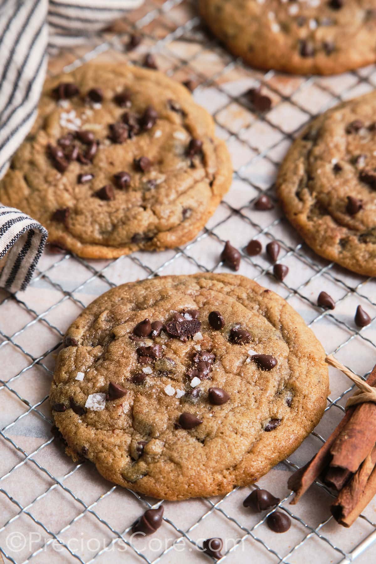 Crispy and chewy chocolate chip cookies with flaky sea salt.