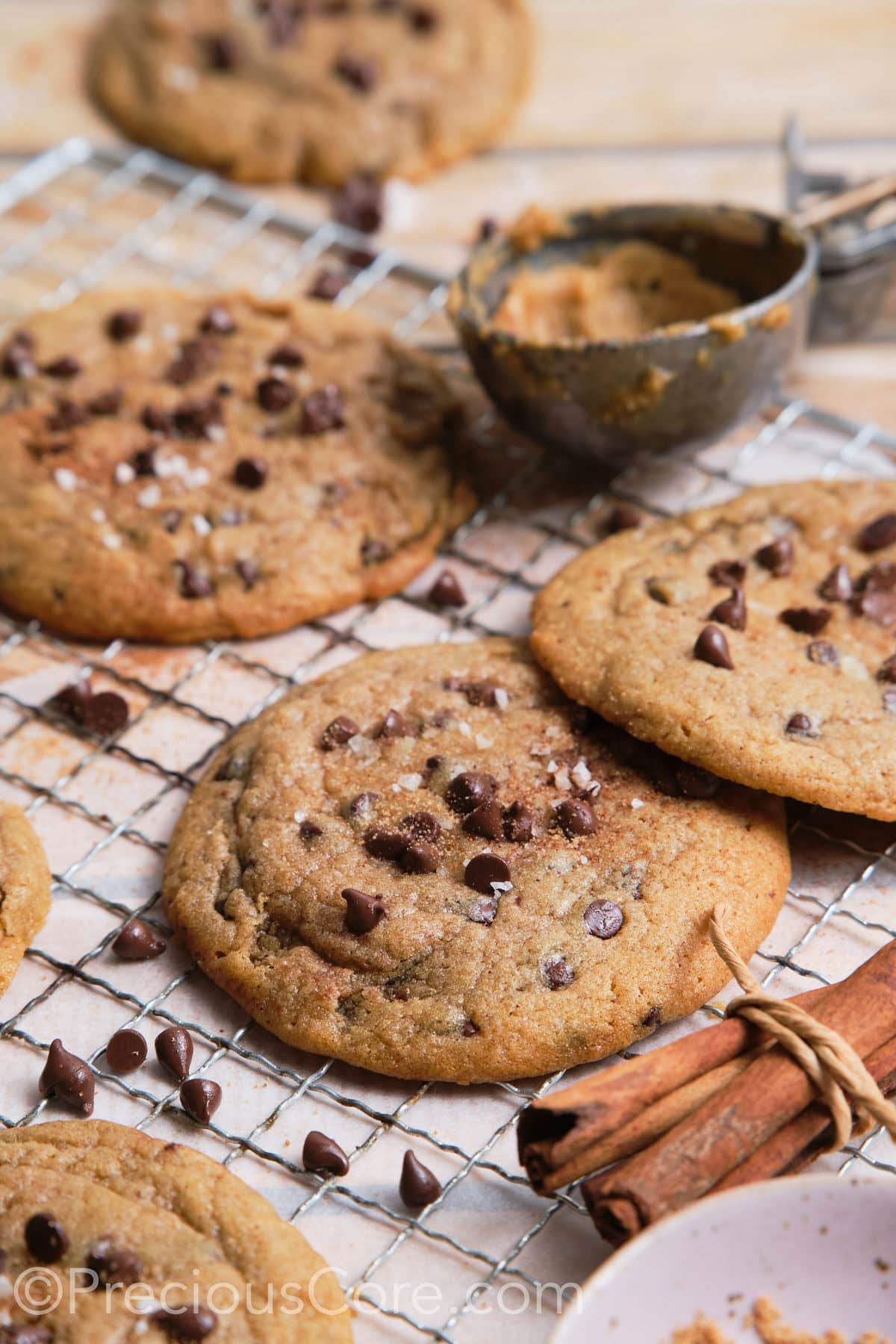 Large cinnamon chocolate chip cookies on oven rack.