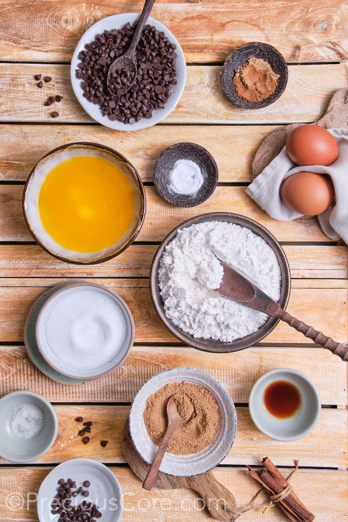 ingredients for the cinnamon chocolate chip cookies. 