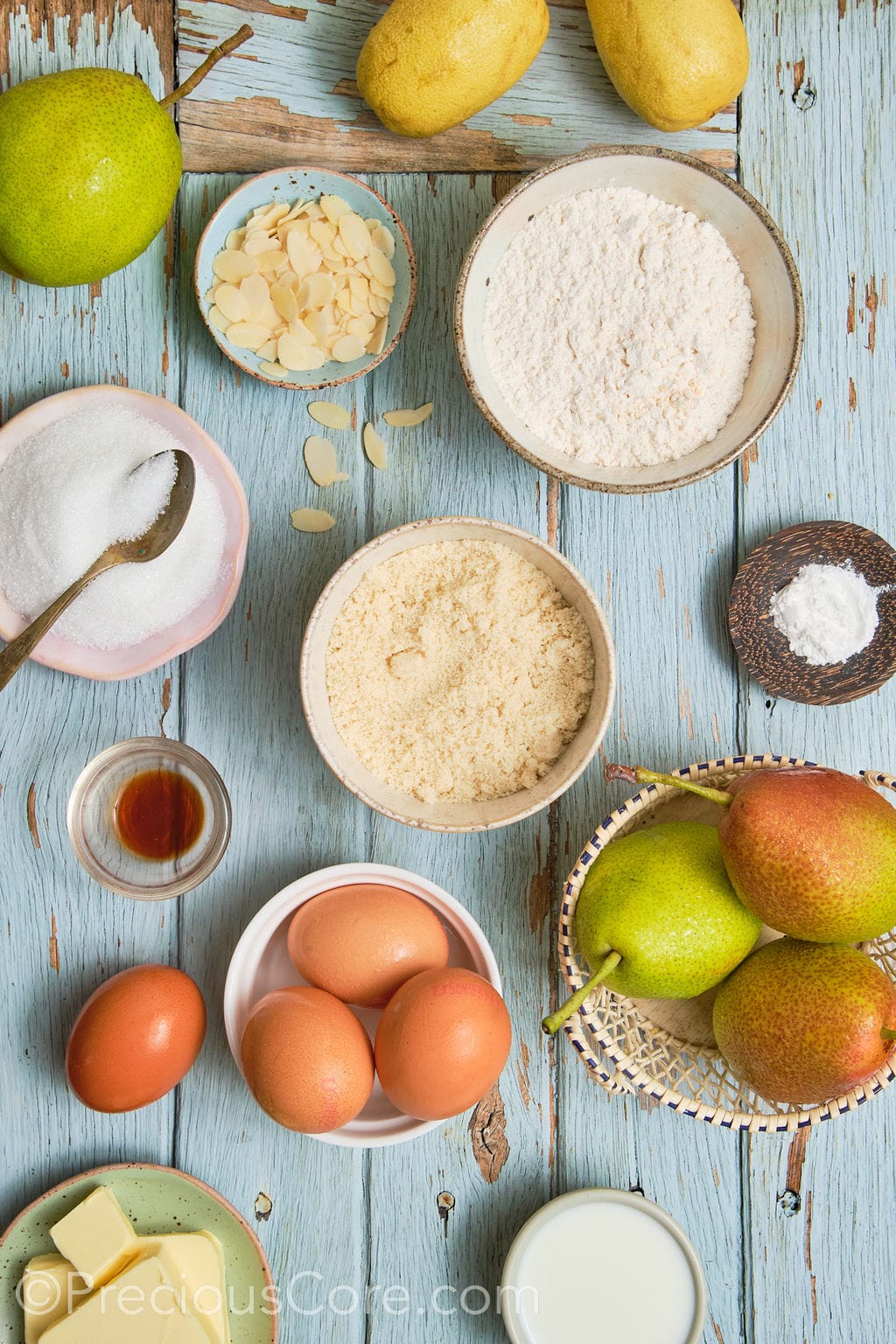 ingredients for the pear almond cake recipe. 