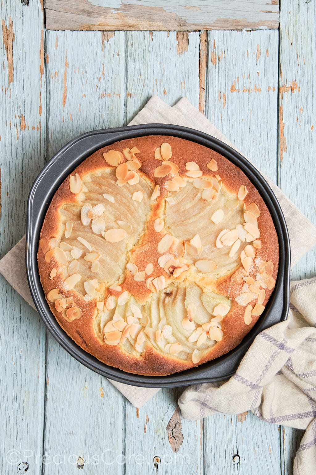 baked pear and almond cake, fresh out of the oven. 