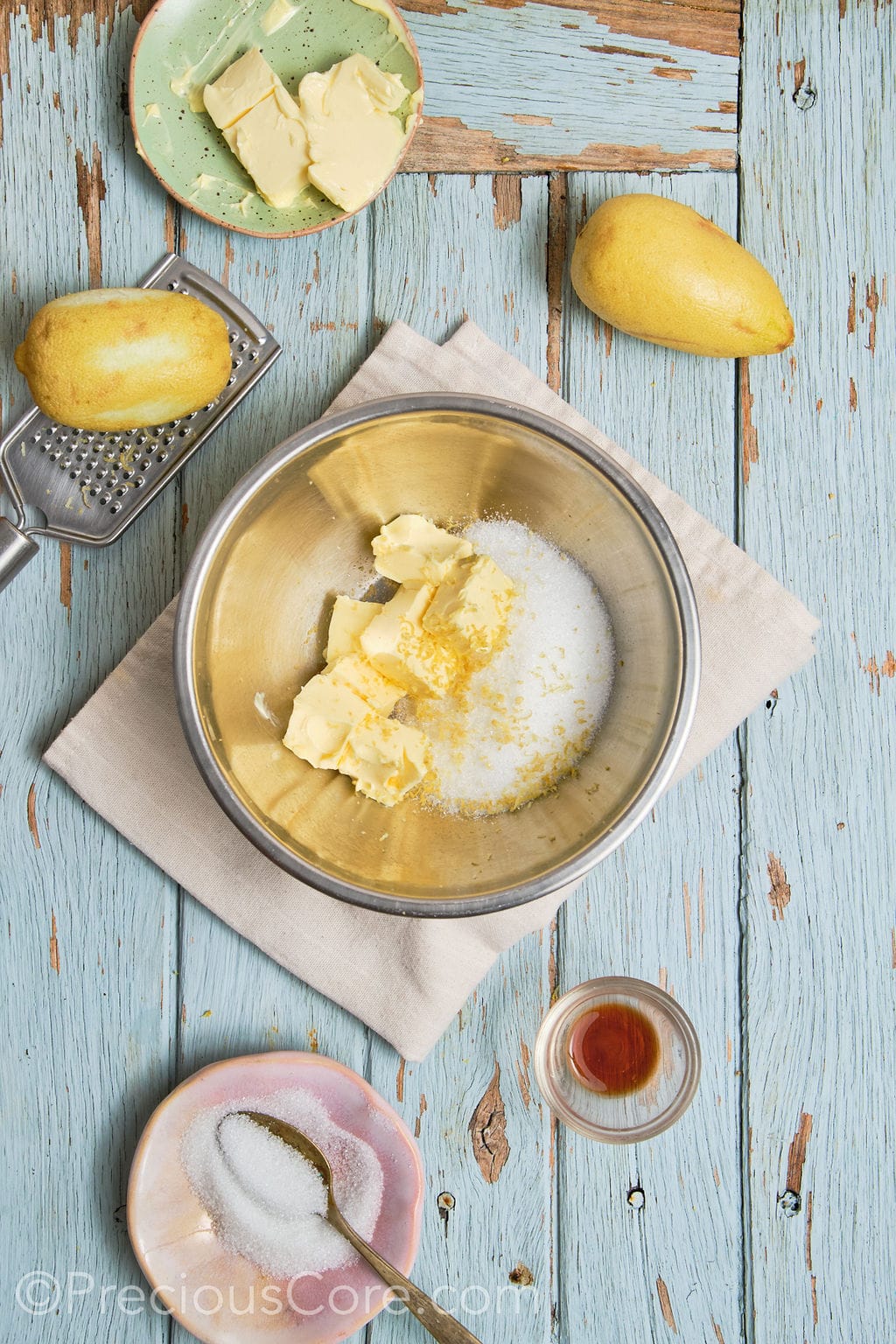 butter, sugar and lemon zest in a mixing bowl. 