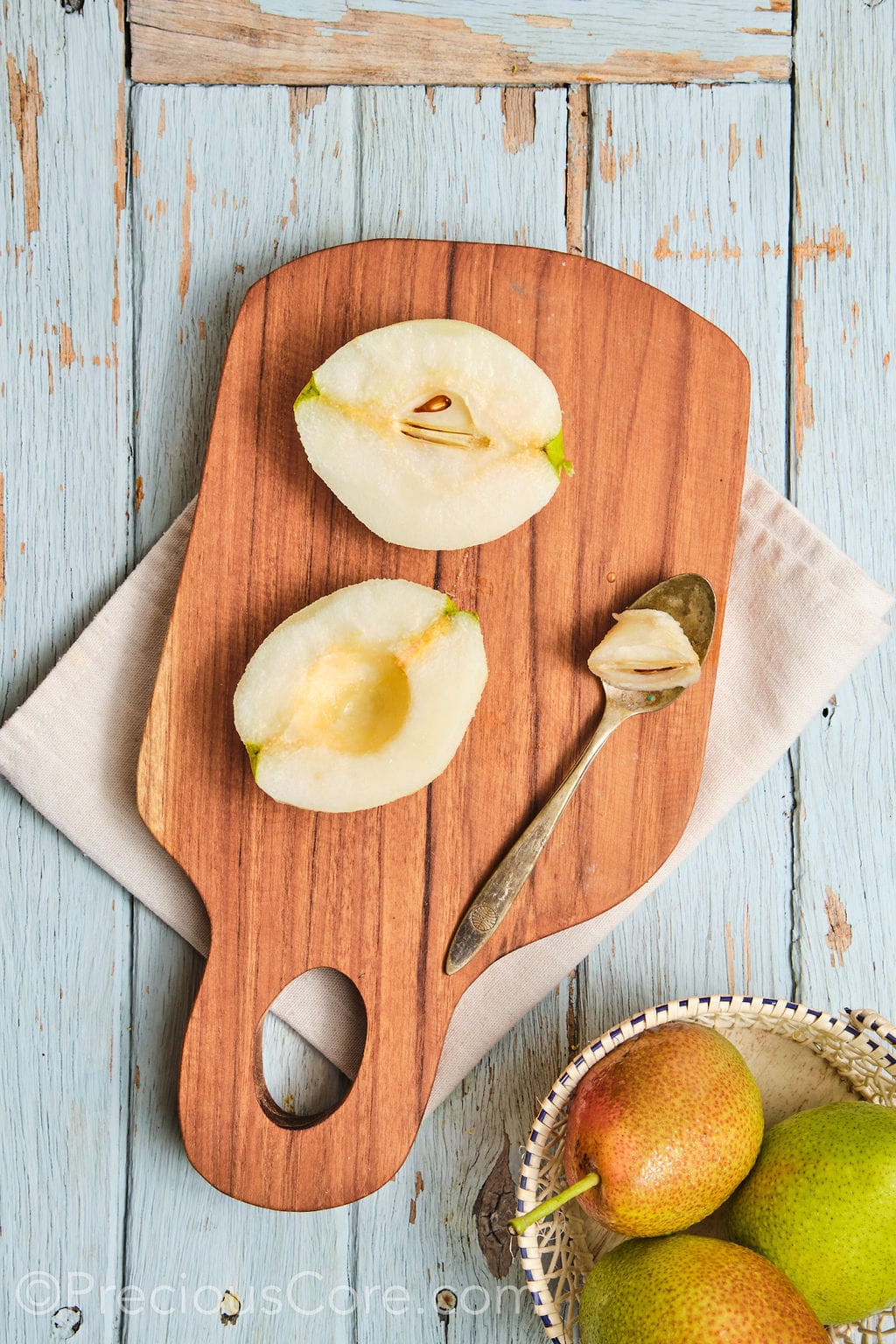 Fresh pears, peeled and cored. 