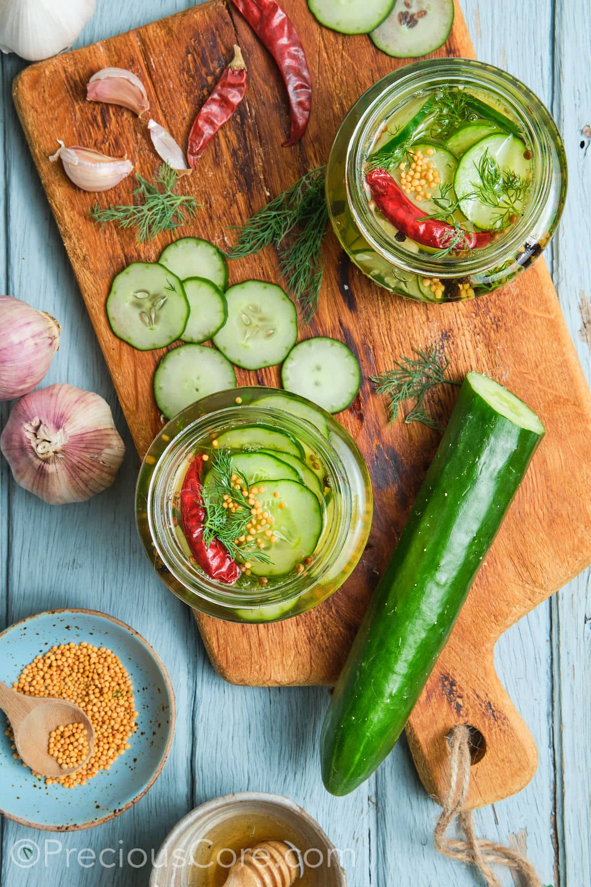 Refrigerated homemade cucumber pickles.