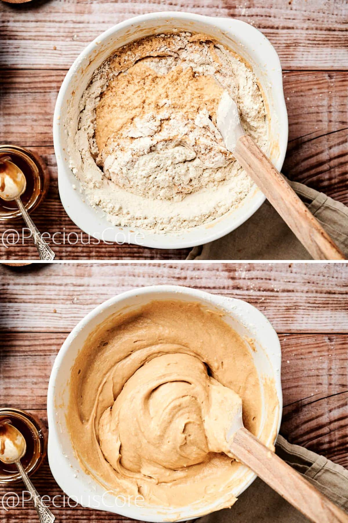 Adding flour to wet ingredients for cake.