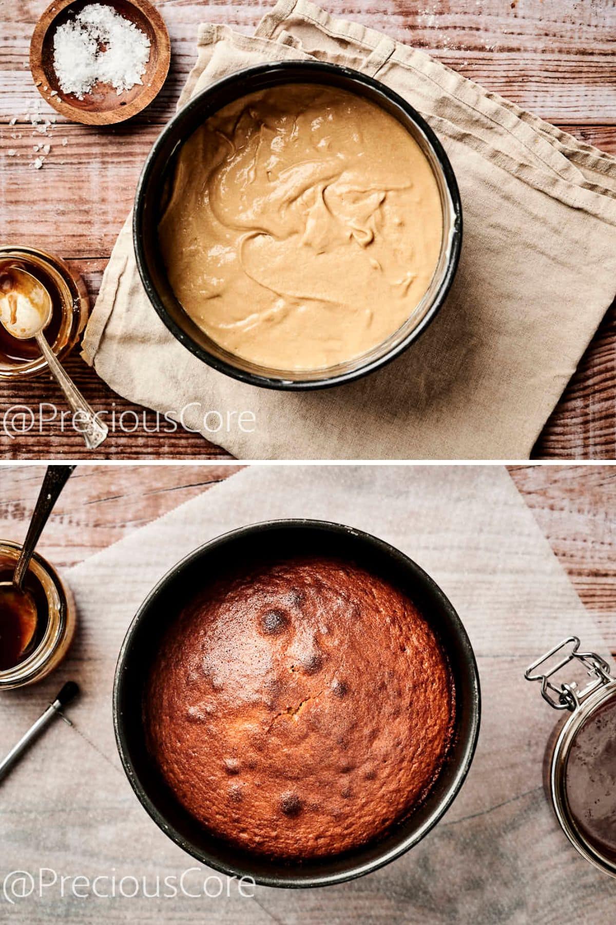 Baking cake batter in a round cake pan.