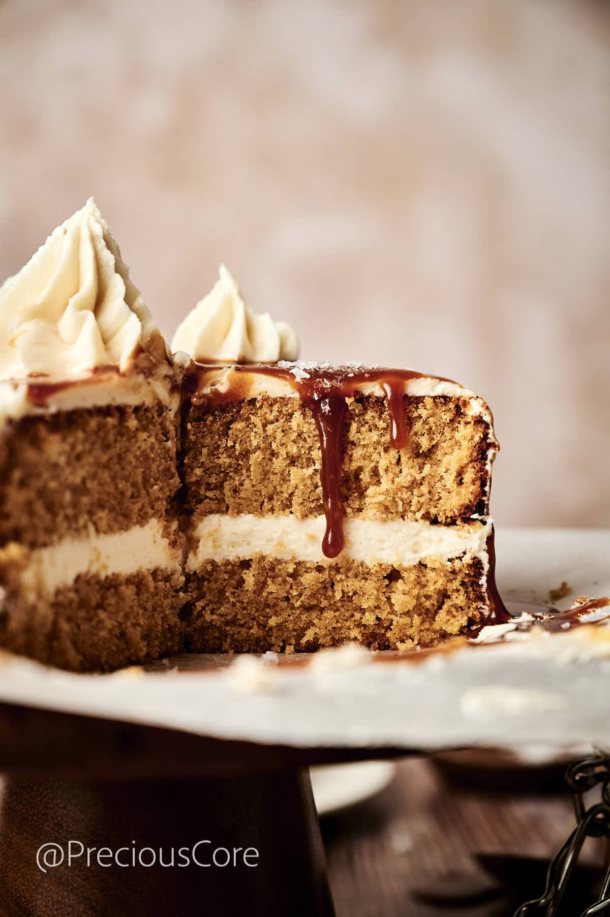 Salted caramel cake cut open.