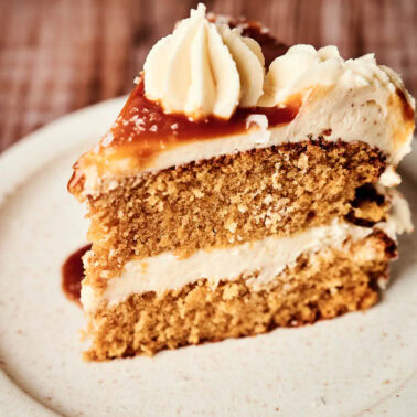 Square image of salted caramel cake.