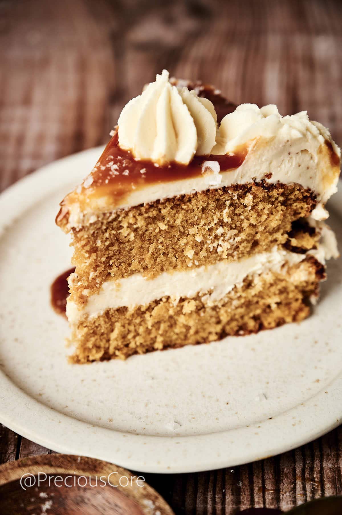 A slice of salted caramel cake.