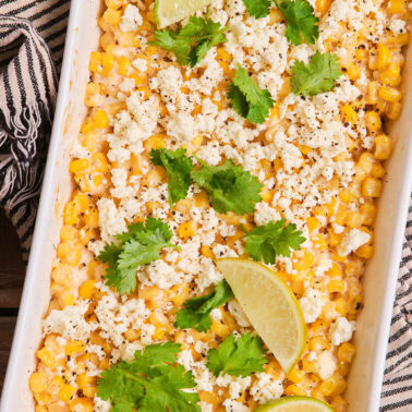 Square image of street corn casserole.