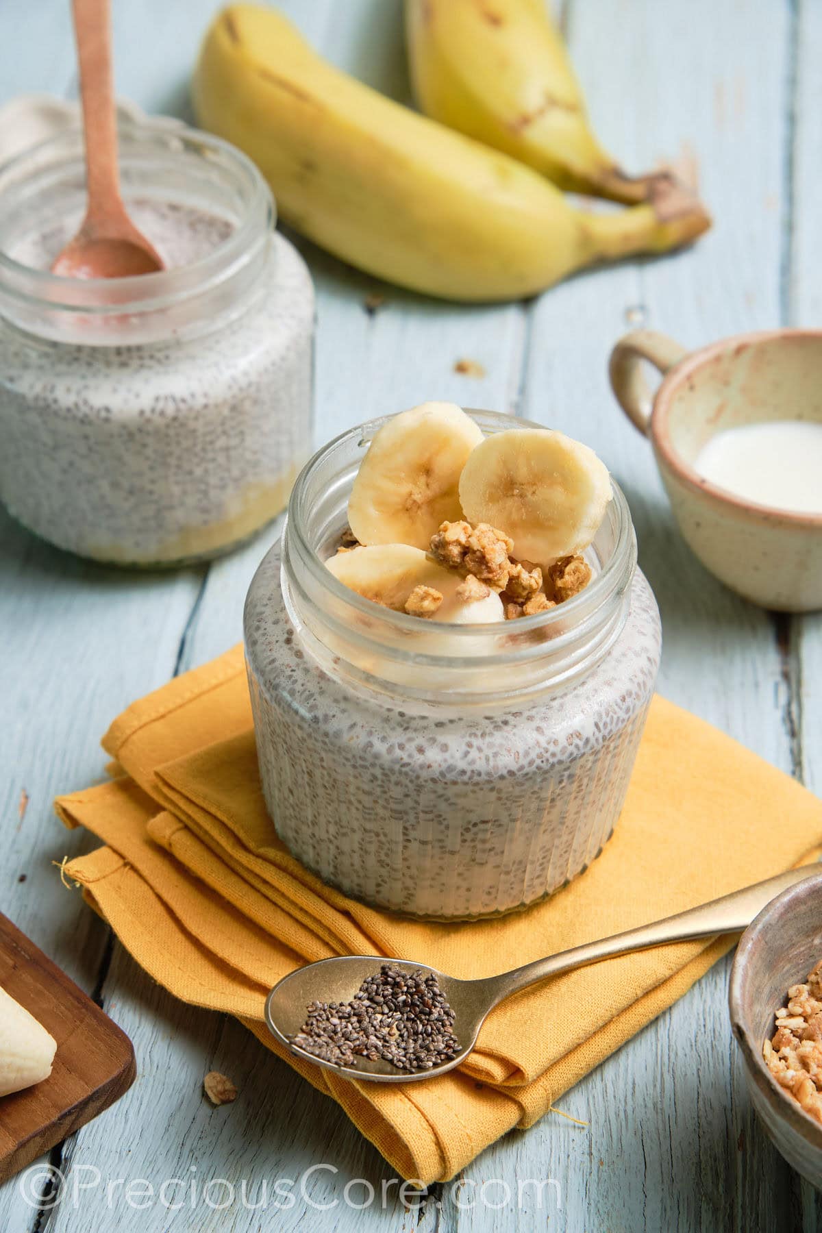 Two jars of banana chia pudding.