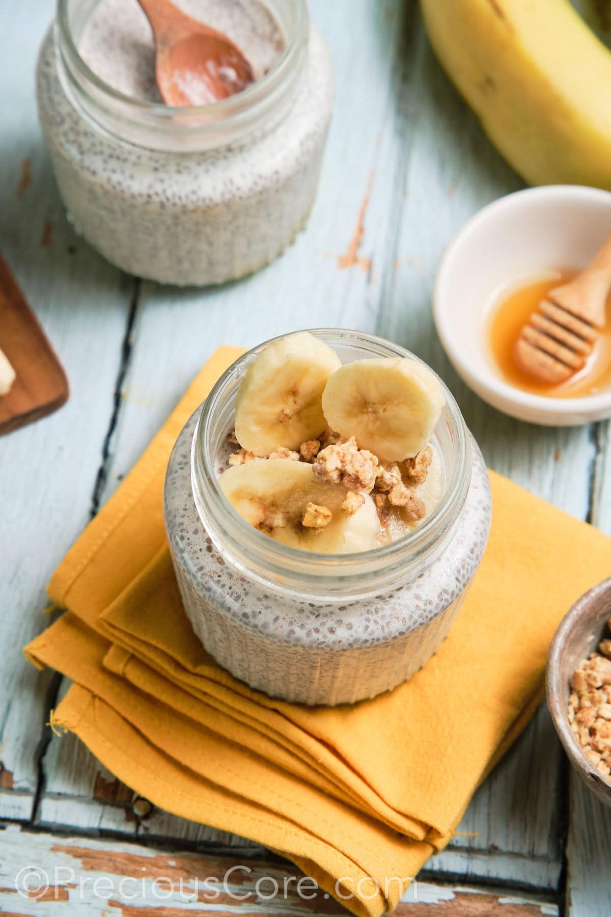 Chia Pudding in two glass jars.