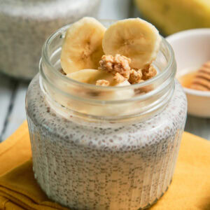 Close-up of a jar of banana chia pudding.