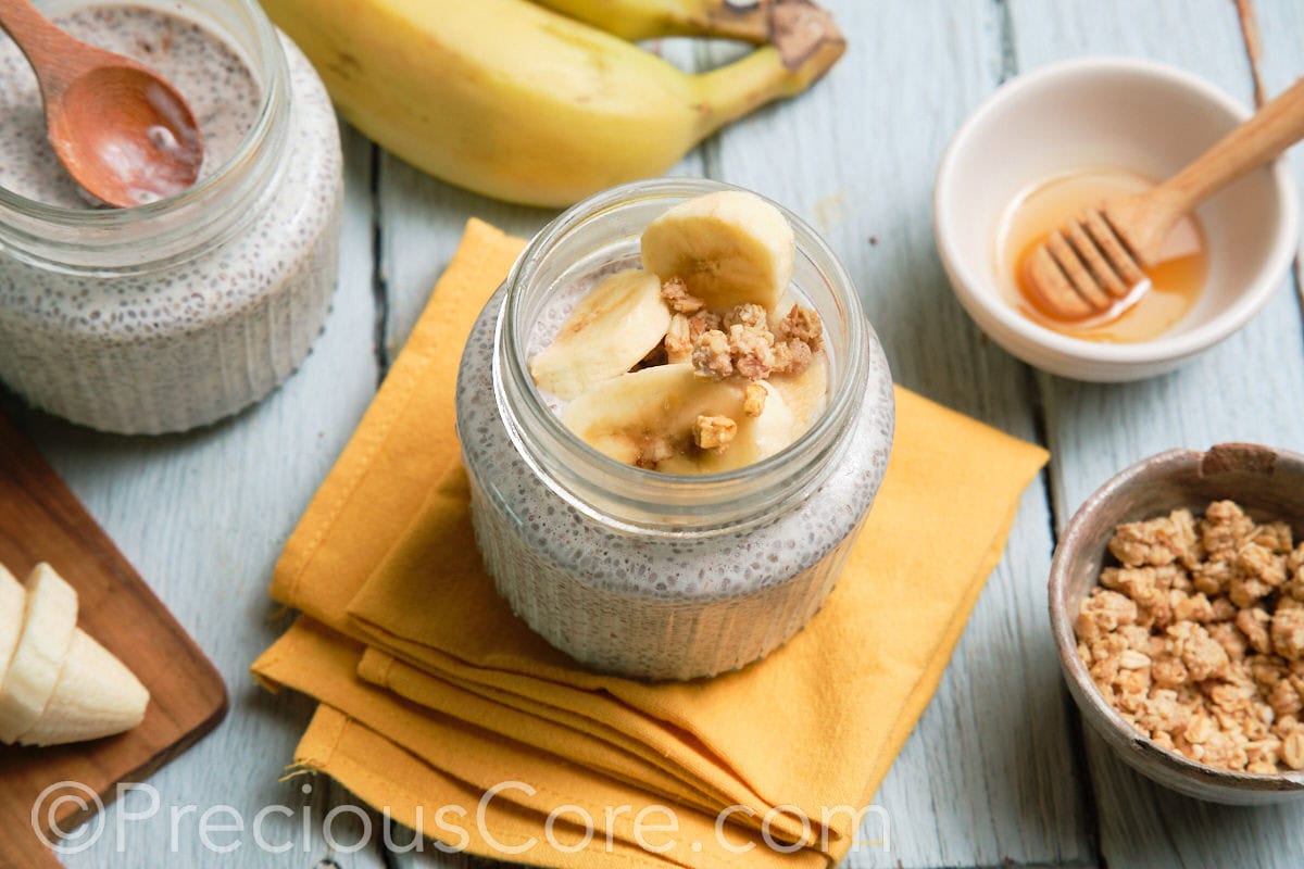 Banana chia seed pudding in a glass jar.