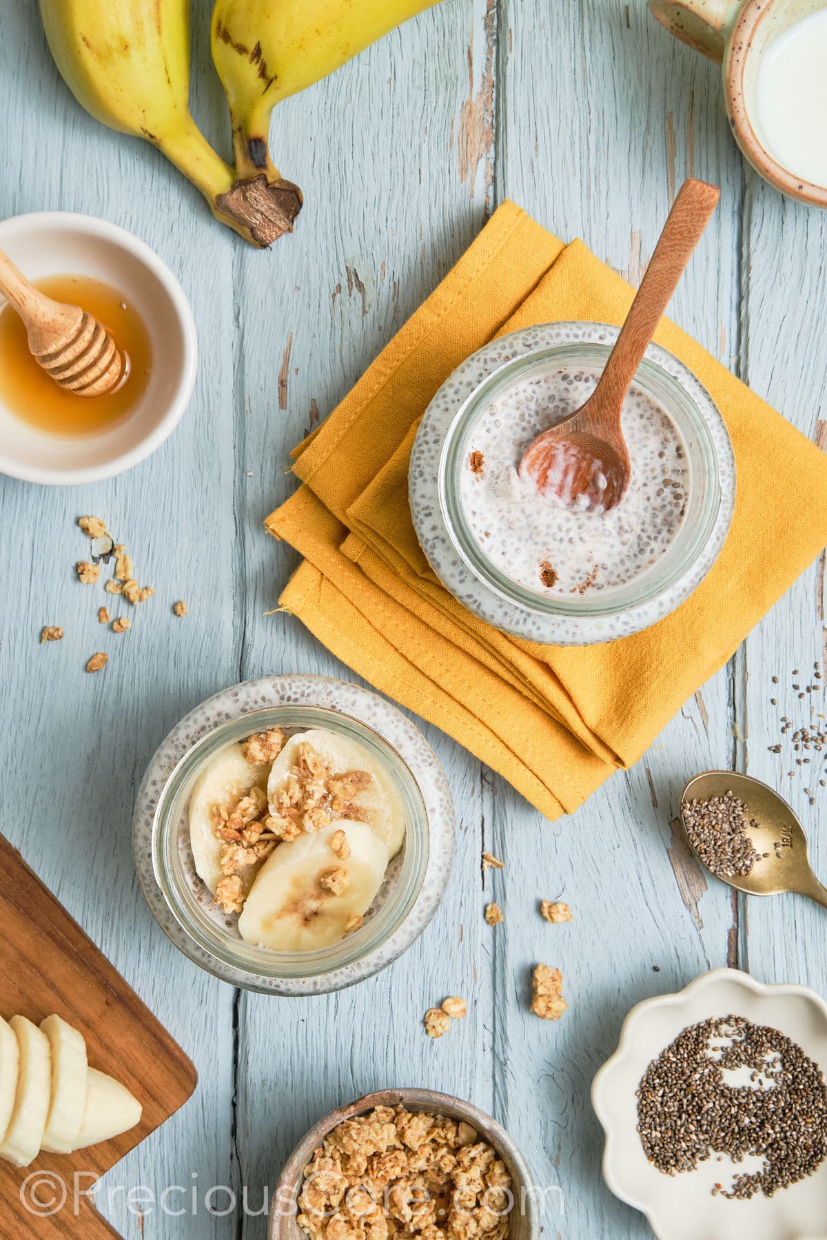 Close-up of set banana chia pudding.