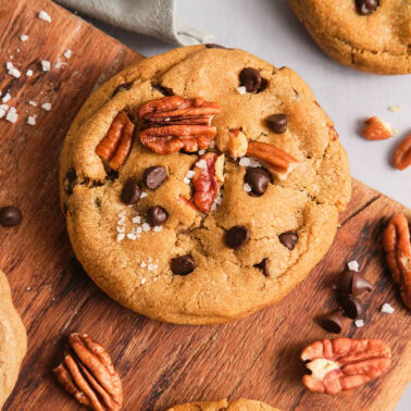 Square image of brown butter pecan cookies.