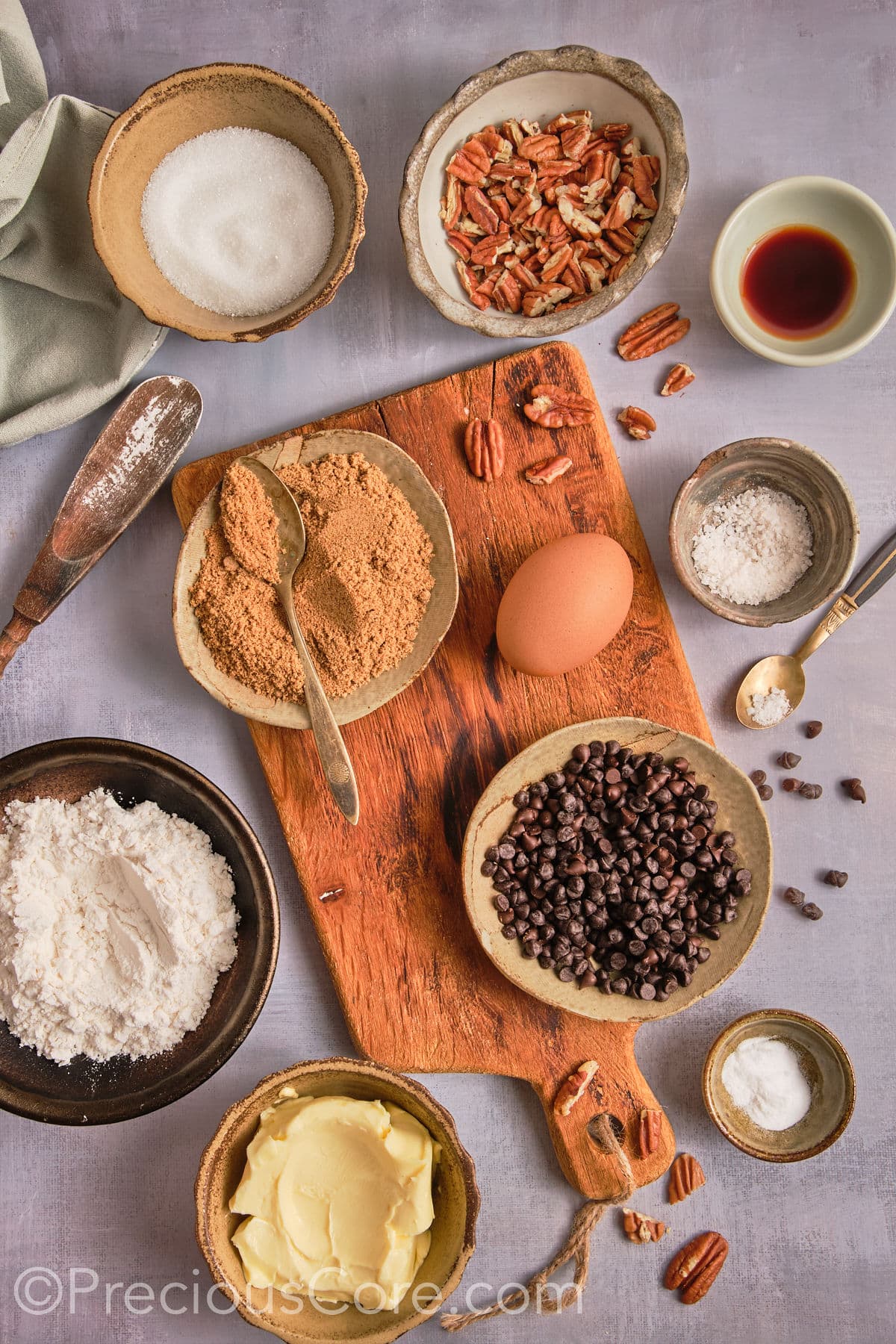 ingredients for the brown butter pecan cookies. 