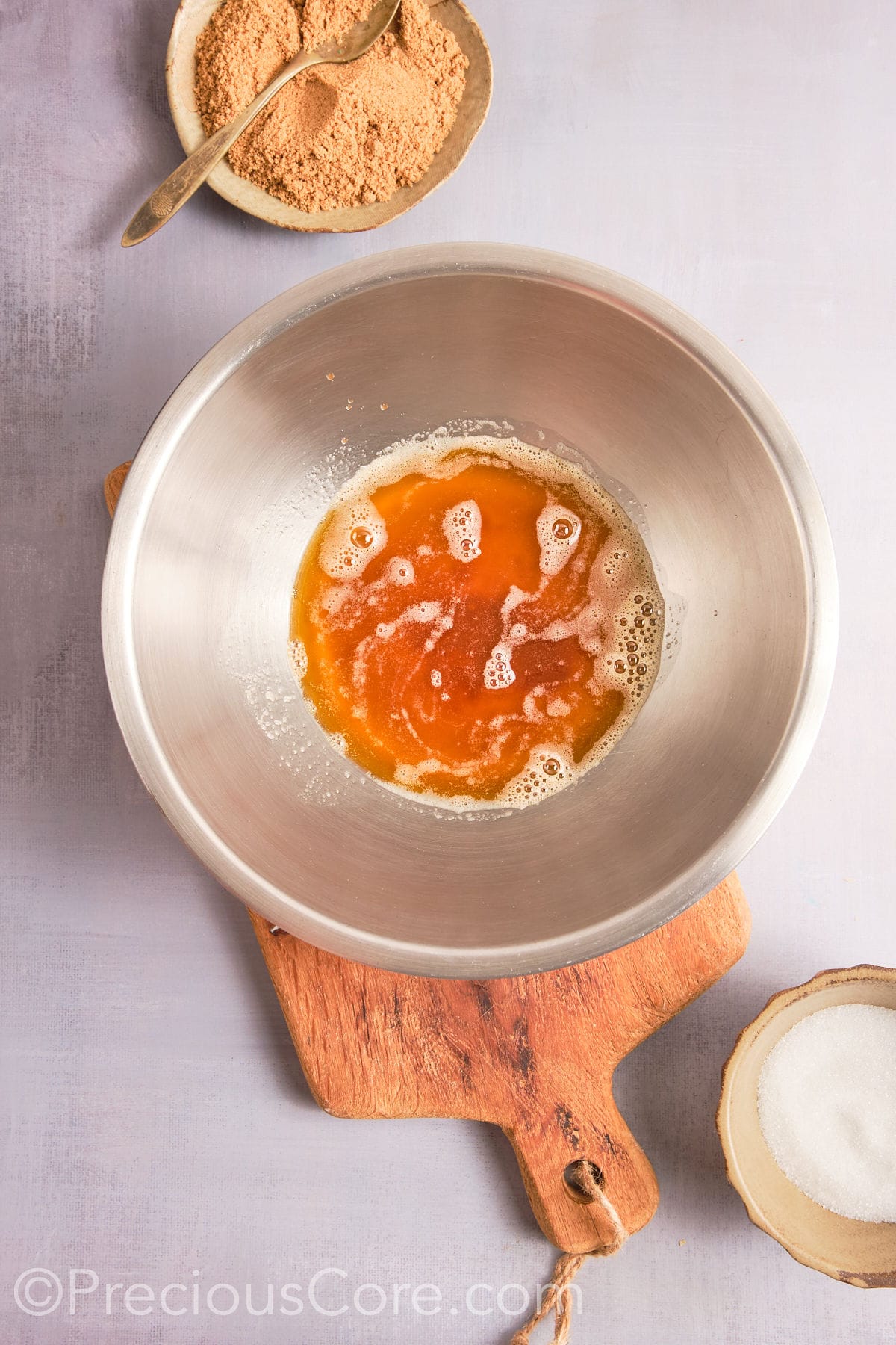 Brown butter in a large bowl, cooling down. 