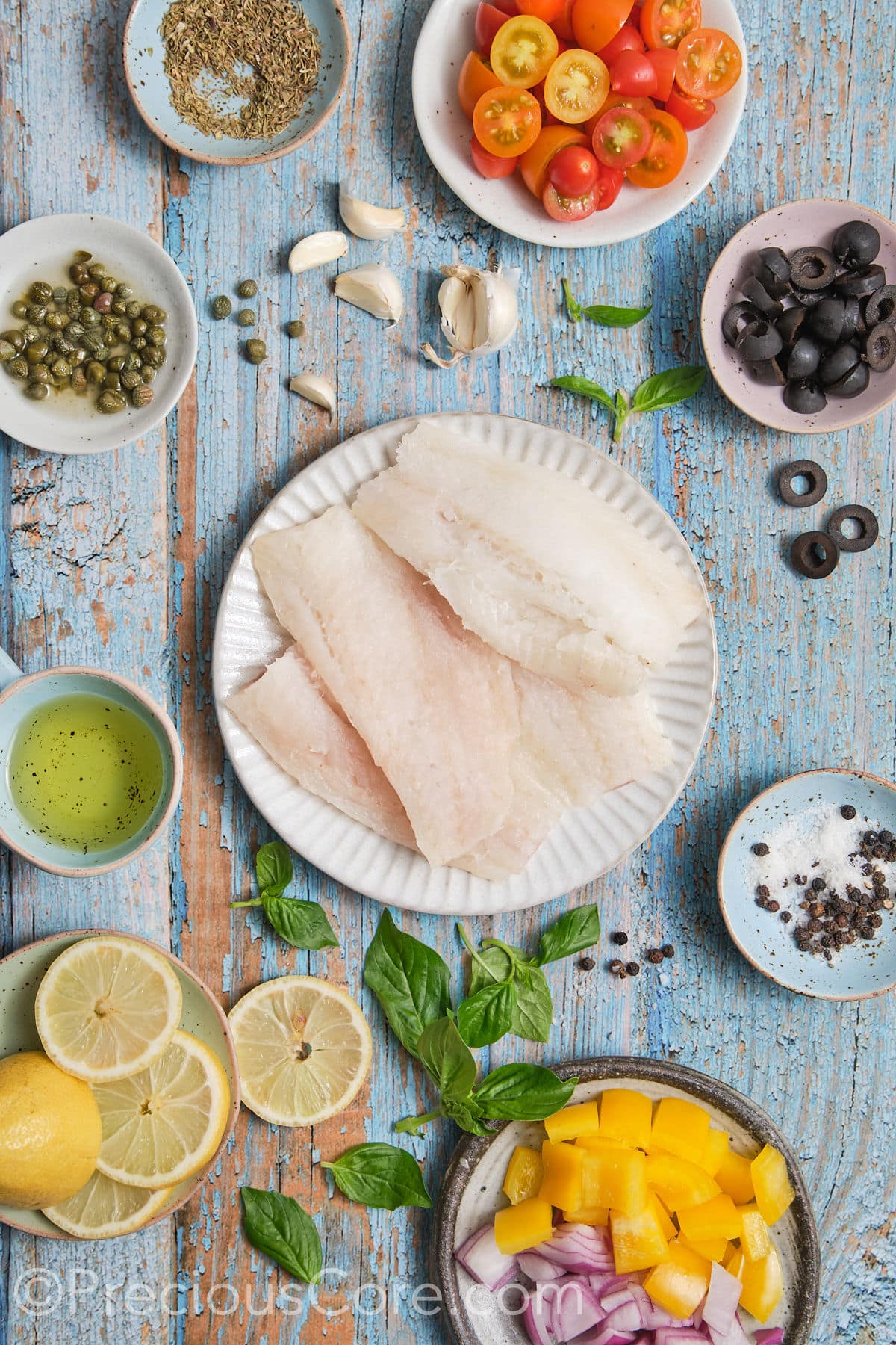 ingredients for the baked Mediterranean fish recipe. 