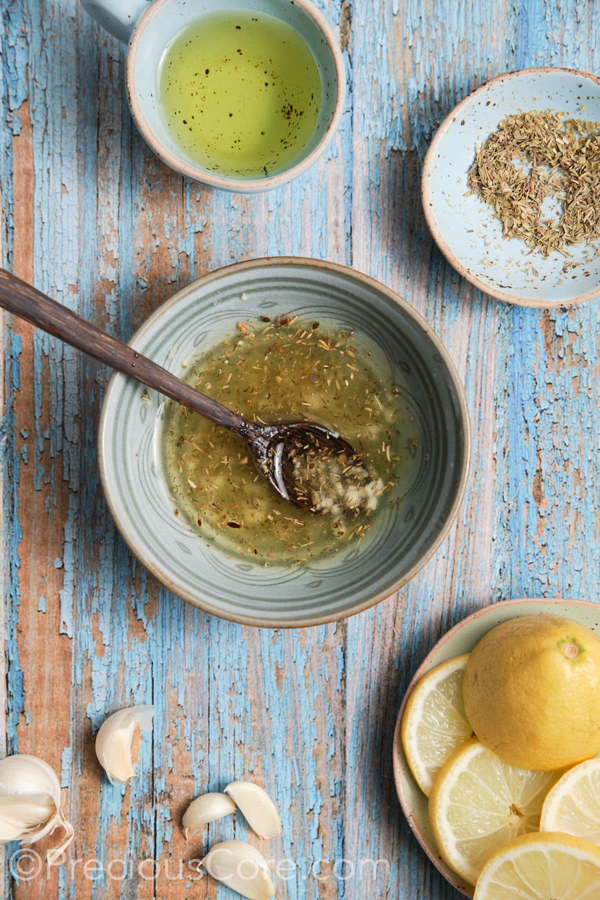 marinade for the baked Mediterranean fish in a small bowl. 